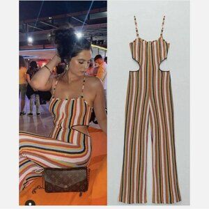 Zara Striped Terry Cloth Cut Out Jumpsuit